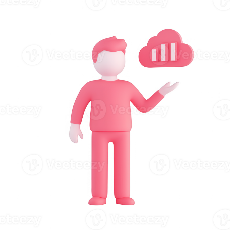 A modern character presenting data analytics in a colorful cloud graphic. png