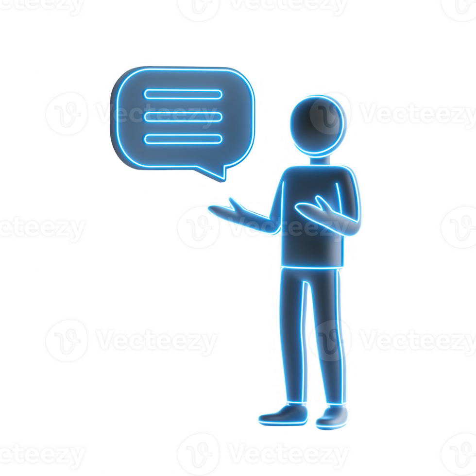A neon outline illustration of a figure speaking with a speech bubble. png