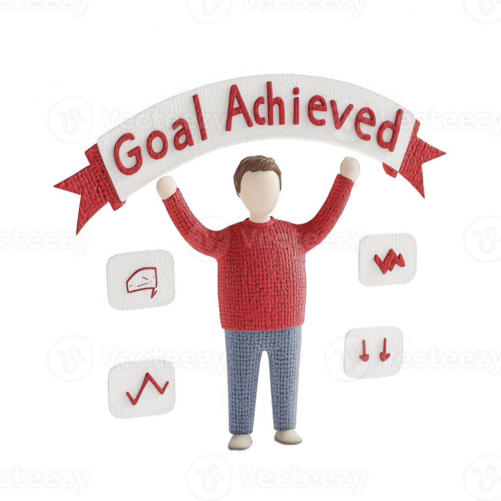 A figure celebrating success with a banner proclaiming 'Goal Achieved' and performance metrics. png