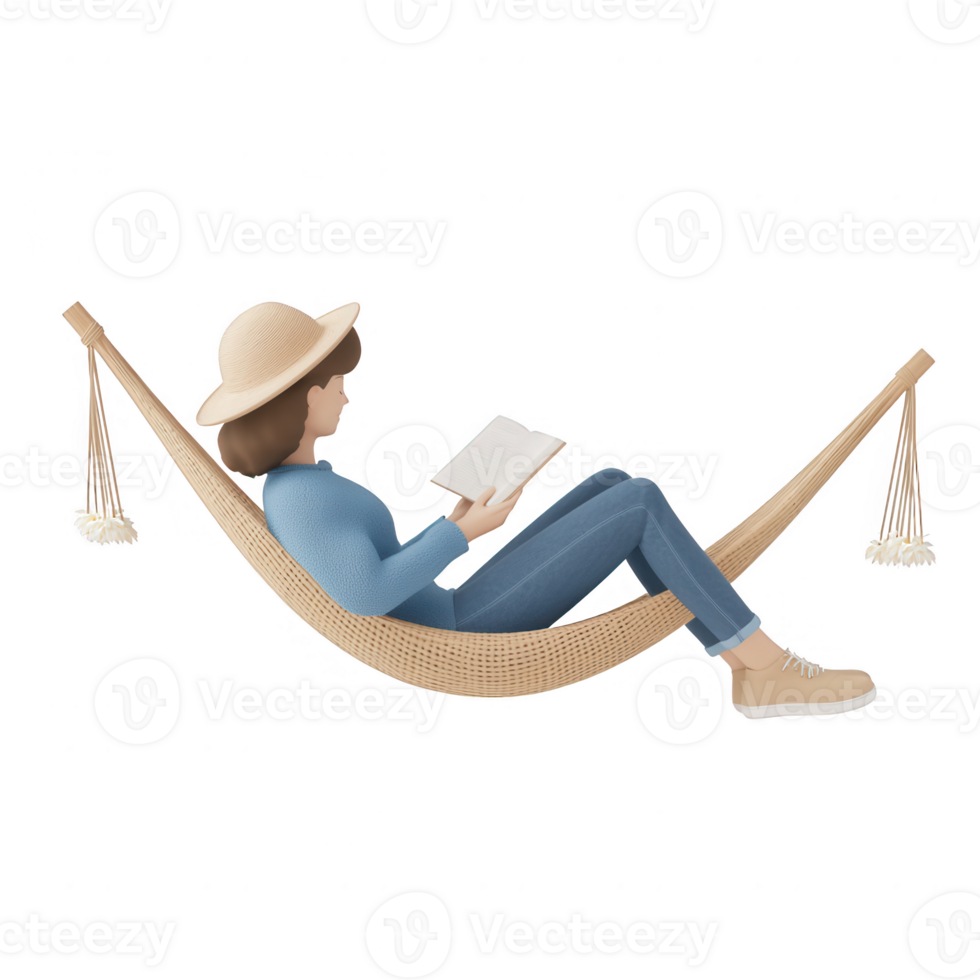 A person relaxing in a hammock, enjoying a good book under the sun. png