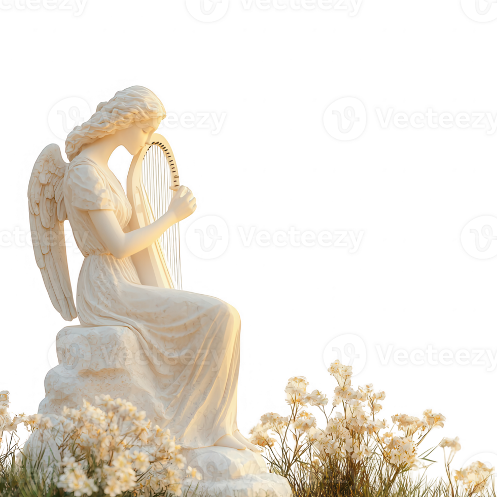 A serene angel sculpture surrounded by delicate flowers, symbolizing peace and devotion. png