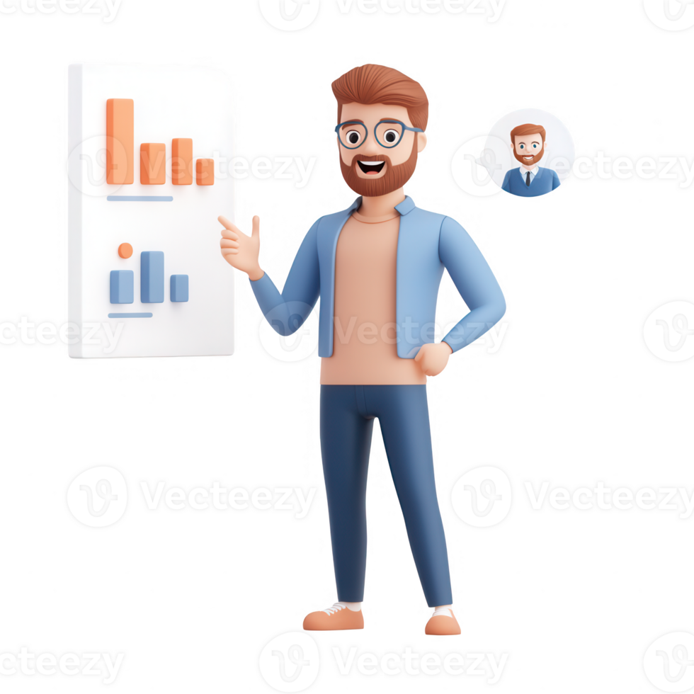 Animated character presenting business data with charts and graphs. png