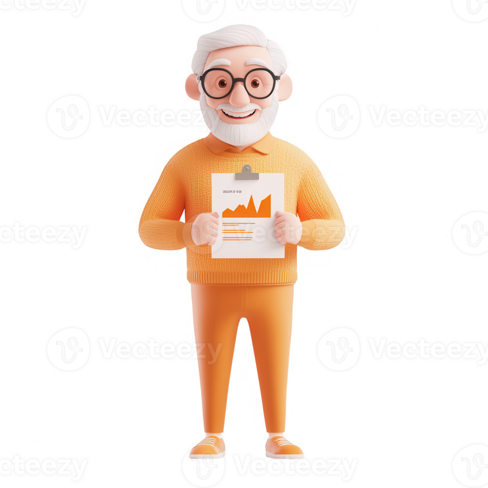 Cheerful elderly man in an orange sweater holding a report with rising graphs. png
