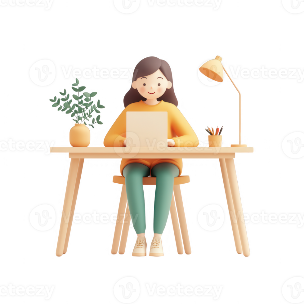 A young woman working on a laptop at a cozy home office desk with plants and lamp. png