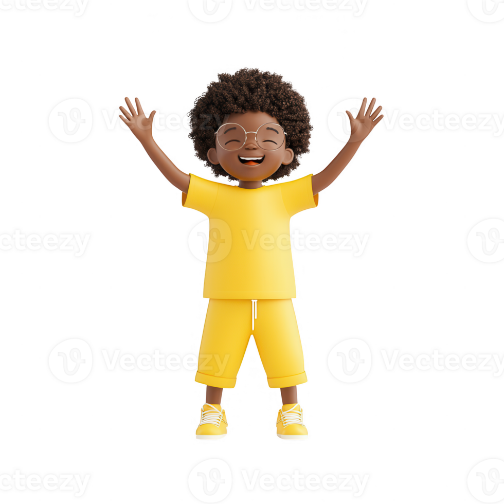 Cheerful child in yellow outfit expressing joy with arms raised in celebration. png