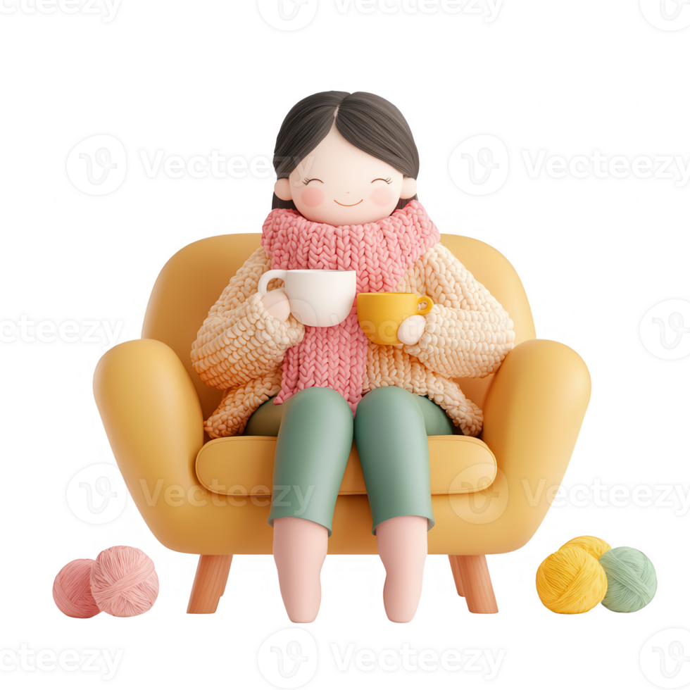 Cozy character enjoying tea and knitting in a warm, inviting atmosphere. png