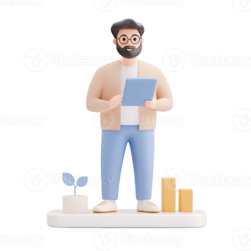 A professional man analyzing growth data with plants symbolizing sustainability. png