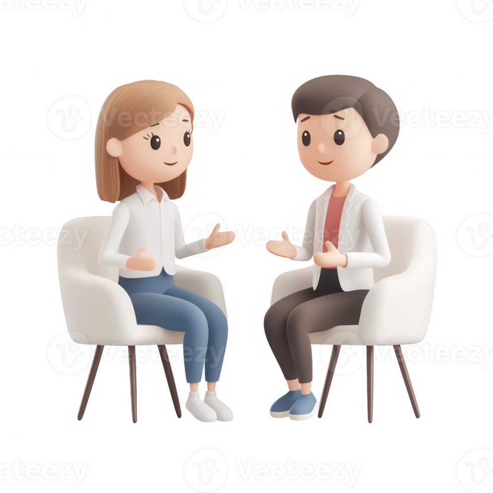 Two cartoon characters engaged in a friendly conversation in modern chairs. png