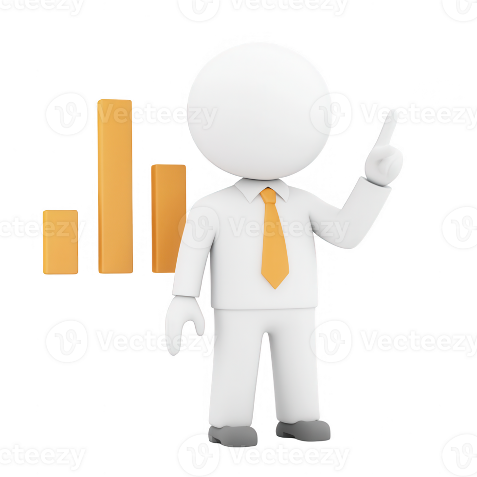 A 3D character in a suit illustrating a business growth concept with a chart. png