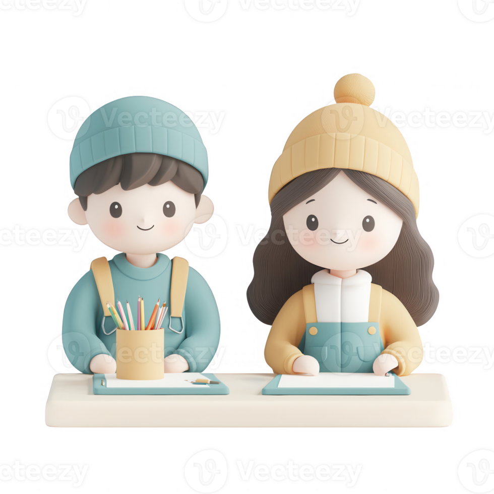 Two children sitting at a table, focused on drawing and creativity with art supplies. png