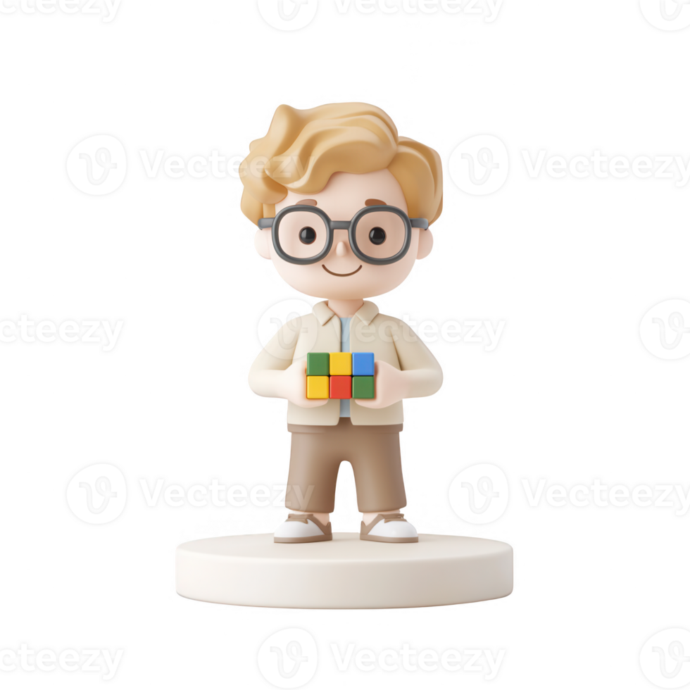 A cheerful character solving a colorful puzzle, representing creativity and fun. png