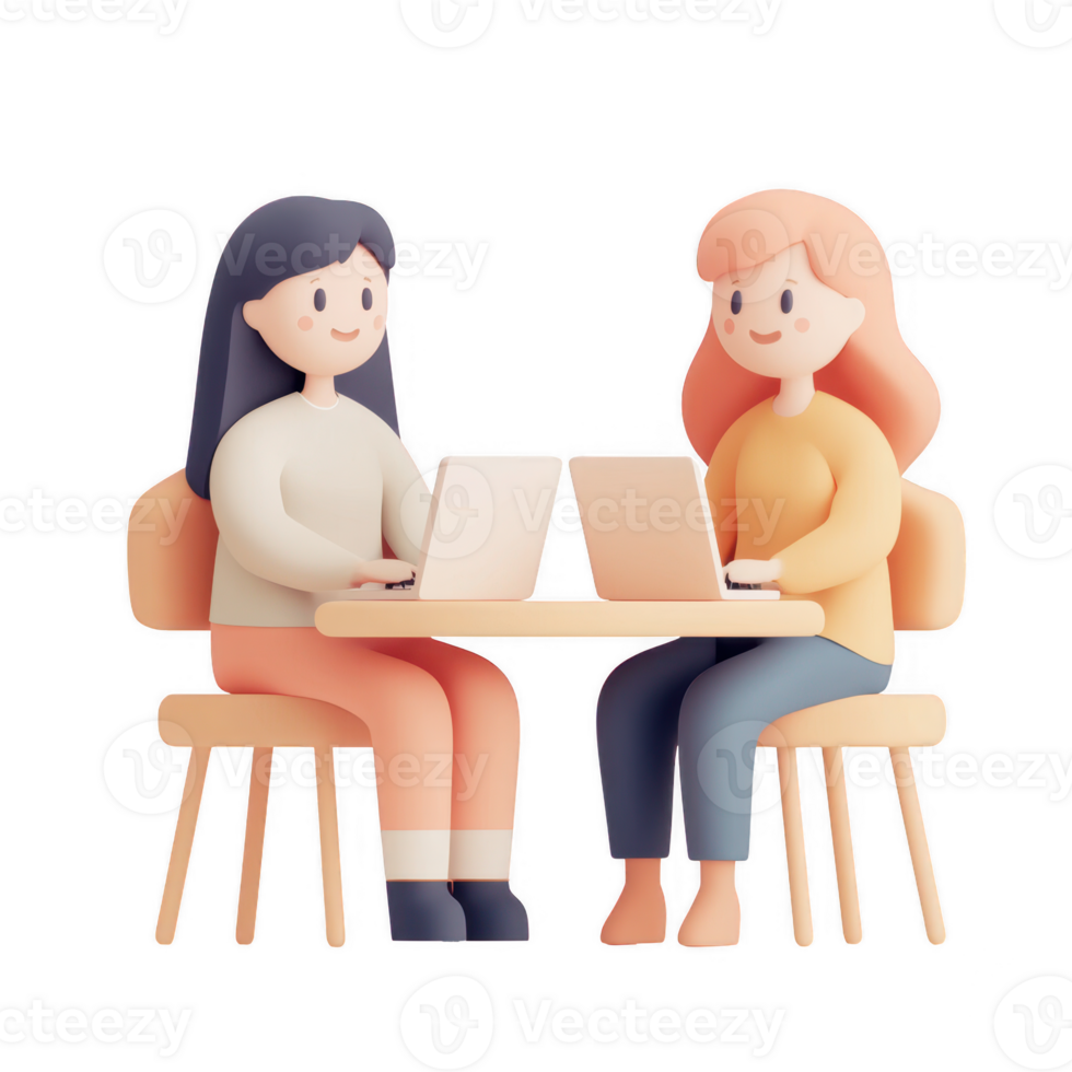 Two women collaborate on laptops at a table in a modern office space. png