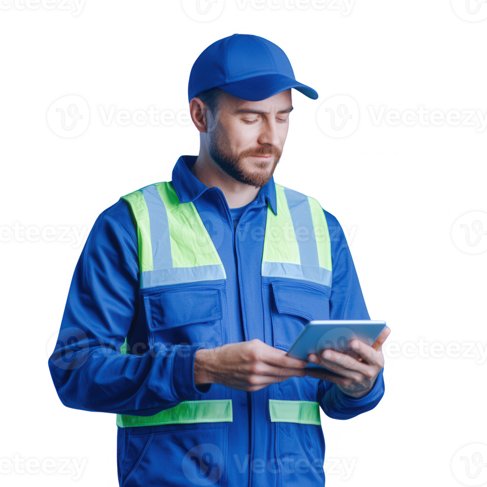 Worker in blue uniform using a tablet for industrial tasks or data management. png