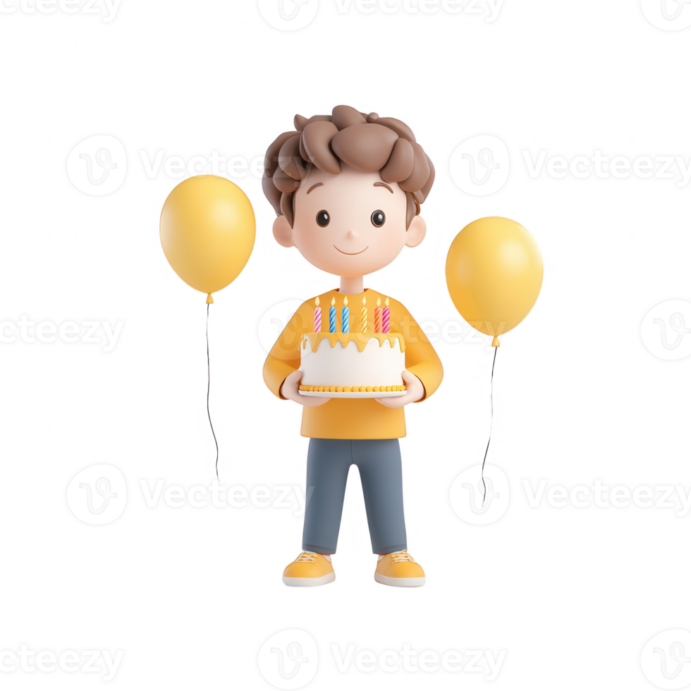 A cheerful child celebrates a birthday with a cake and balloons, radiating joy. png
