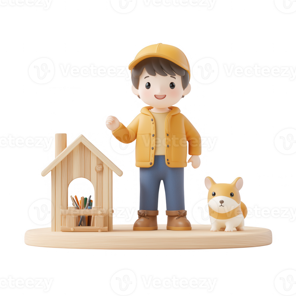 A cheerful child with a pet dog next to a wooden playhouse in a vibrant setting. png