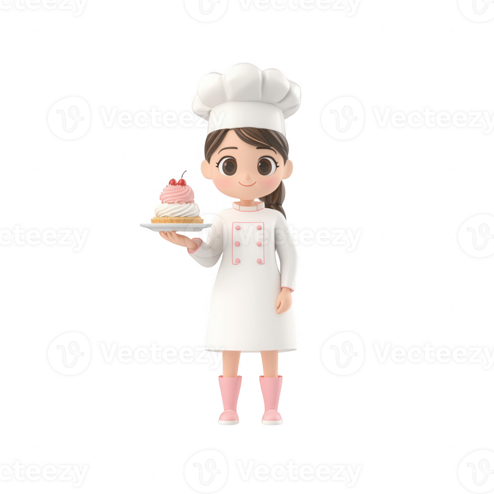 A cheerful cartoon chef presents a delicious cake, perfect for culinary creativity. png