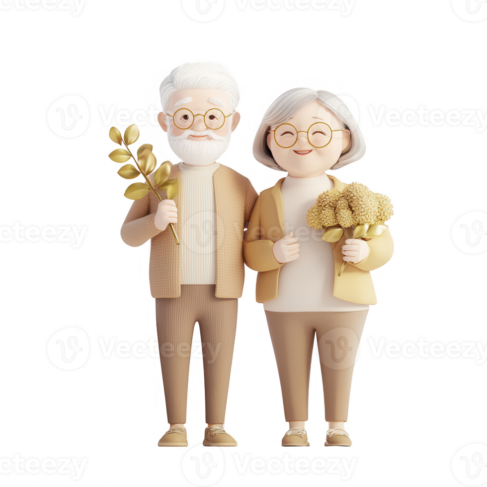 A cheerful elderly couple holding flowers, symbolizing love and togetherness. png