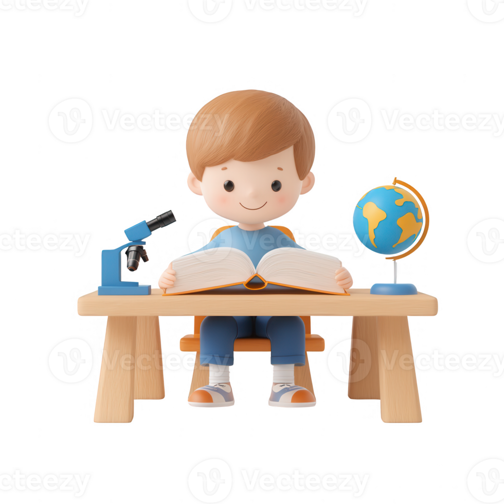 A cheerful child studying at a desk with a microscope and globe, fostering curiosity. png