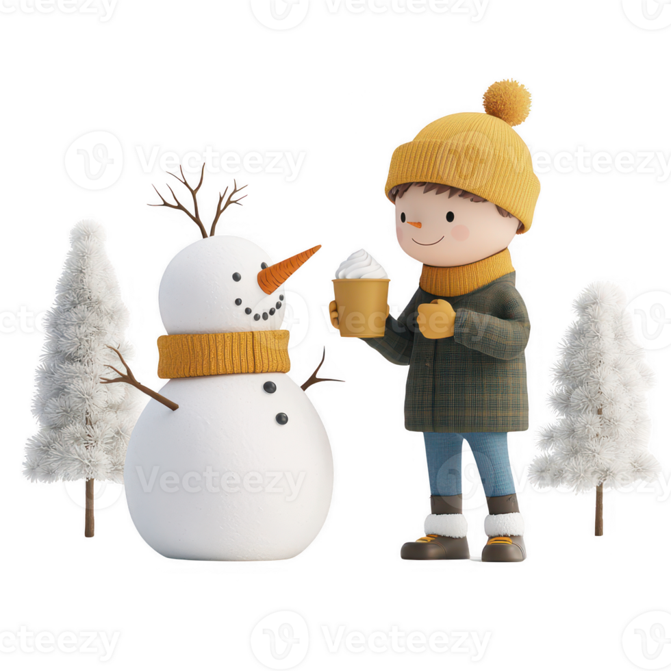 A cheerful child enjoys a warm drink by a friendly snowman under snowy trees. png