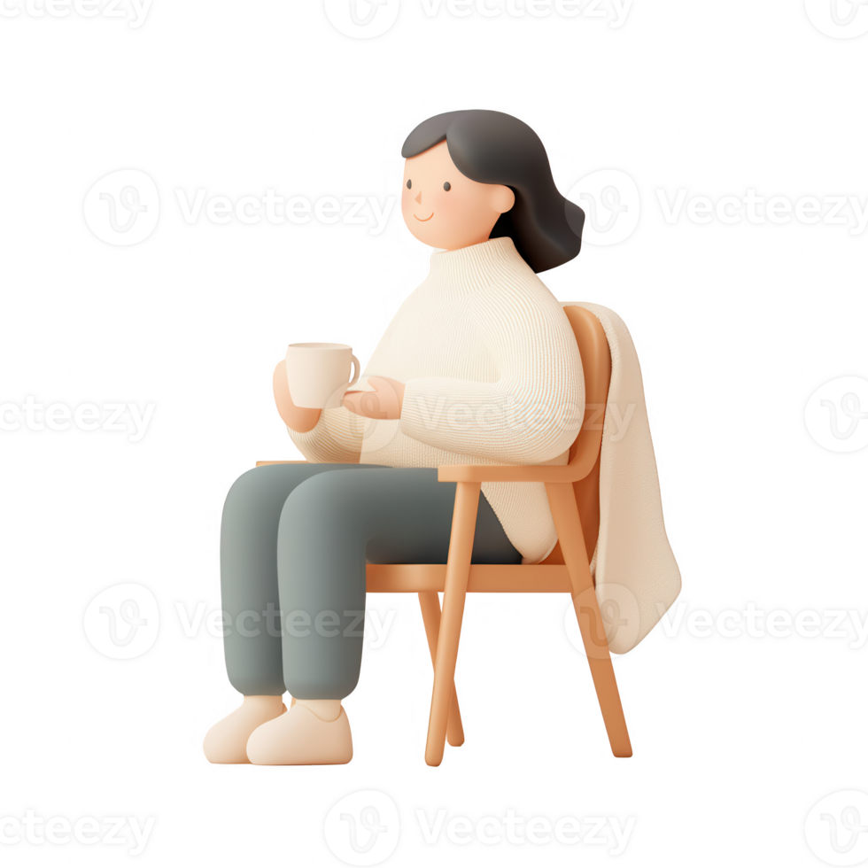 A cheerful woman sitting in a cozy chair, enjoying her warm beverage in a tranquil space. png