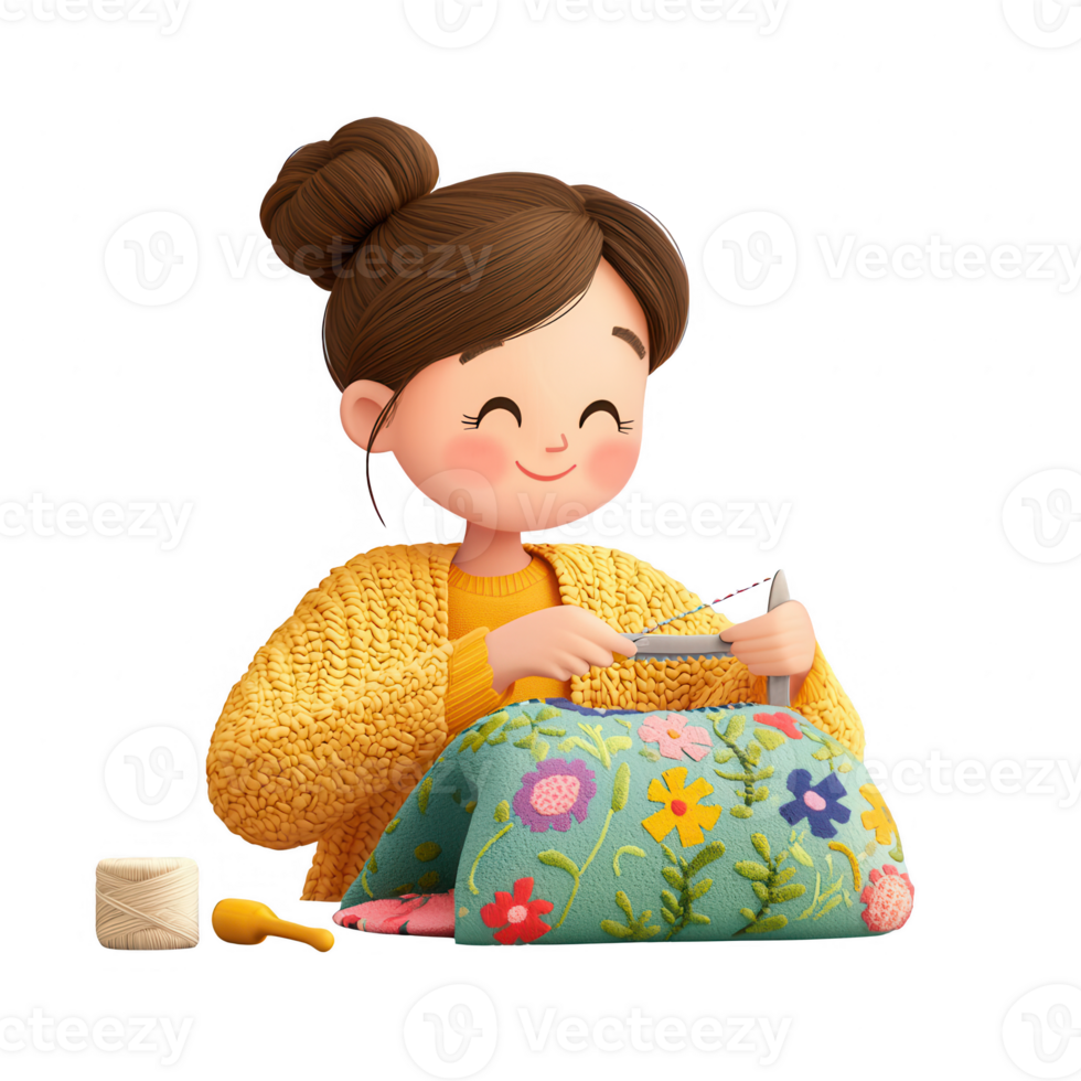 A cheerful woman enjoys knitting while wearing a cozy sweater and surrounded by colorful yarn. png
