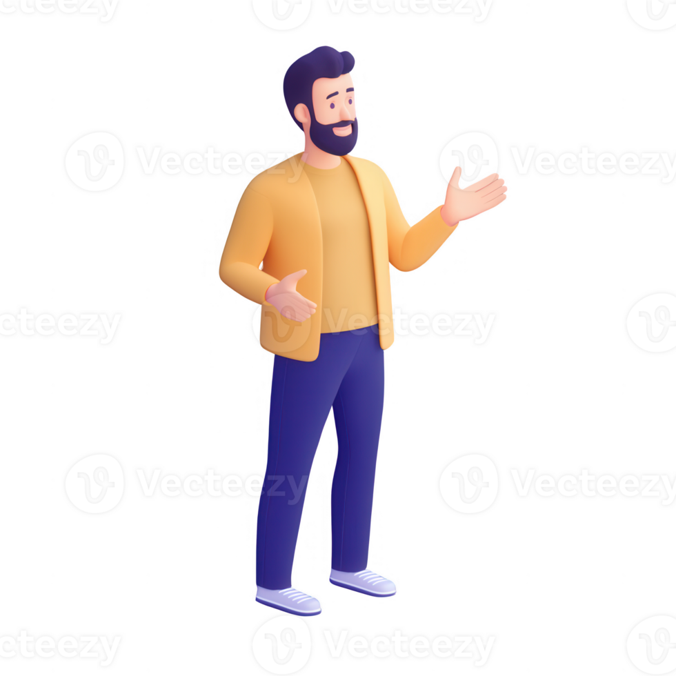 A confident man animatedly explaining a concept in a casual setting. png