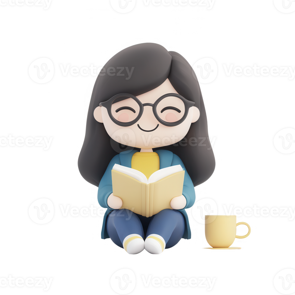 A cheerful woman reading a book while enjoying a cup of coffee in a cozy setting. png