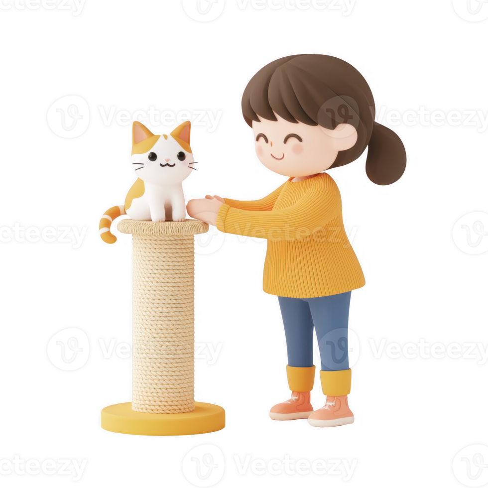 A cheerful child playing with a cat beside a scratching post in a cozy setting. png