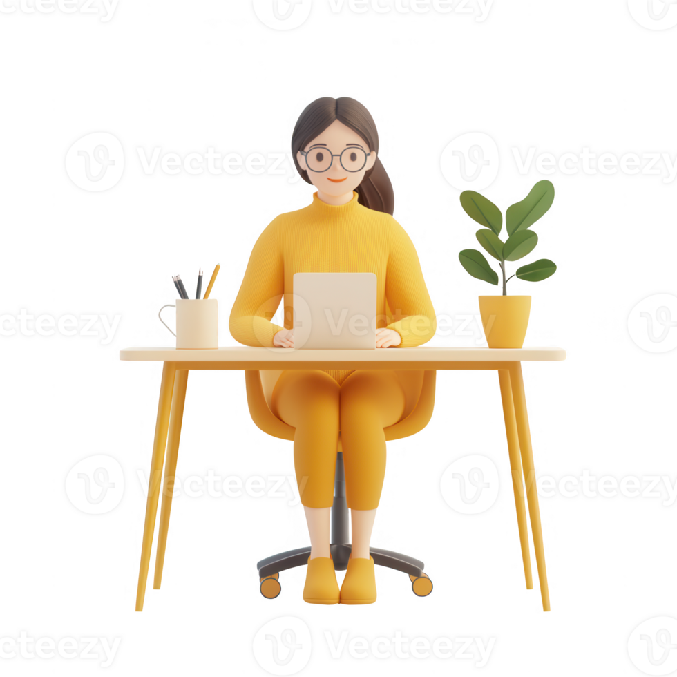 A cheerful worker in yellow attire focuses on her laptop at a modern workspace. png