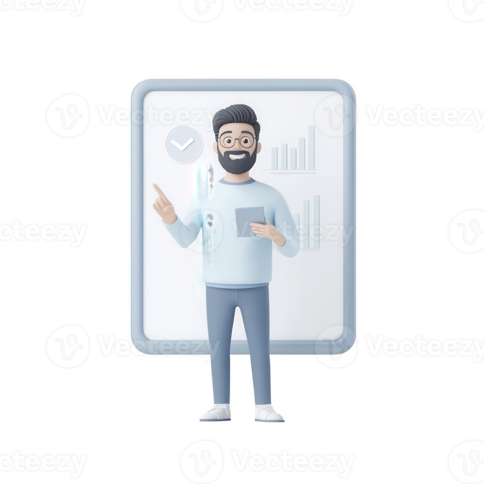 A cheerful man presents data insights with charts in a modern office setting. png