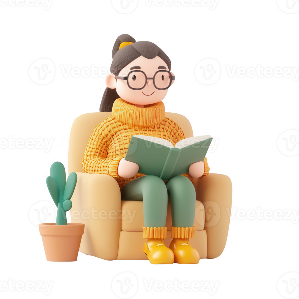 A cozy illustration of a woman reading a book in a comfortable chair. png