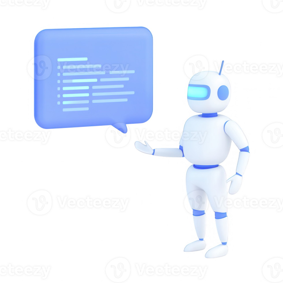 A futuristic robot displaying code in a conversation bubble. png