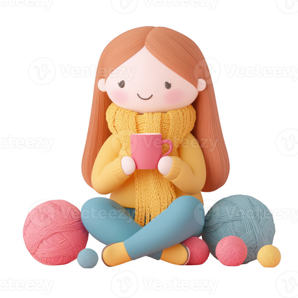 A cozy scene of a girl enjoying a warm drink surrounded by colorful yarn balls. png