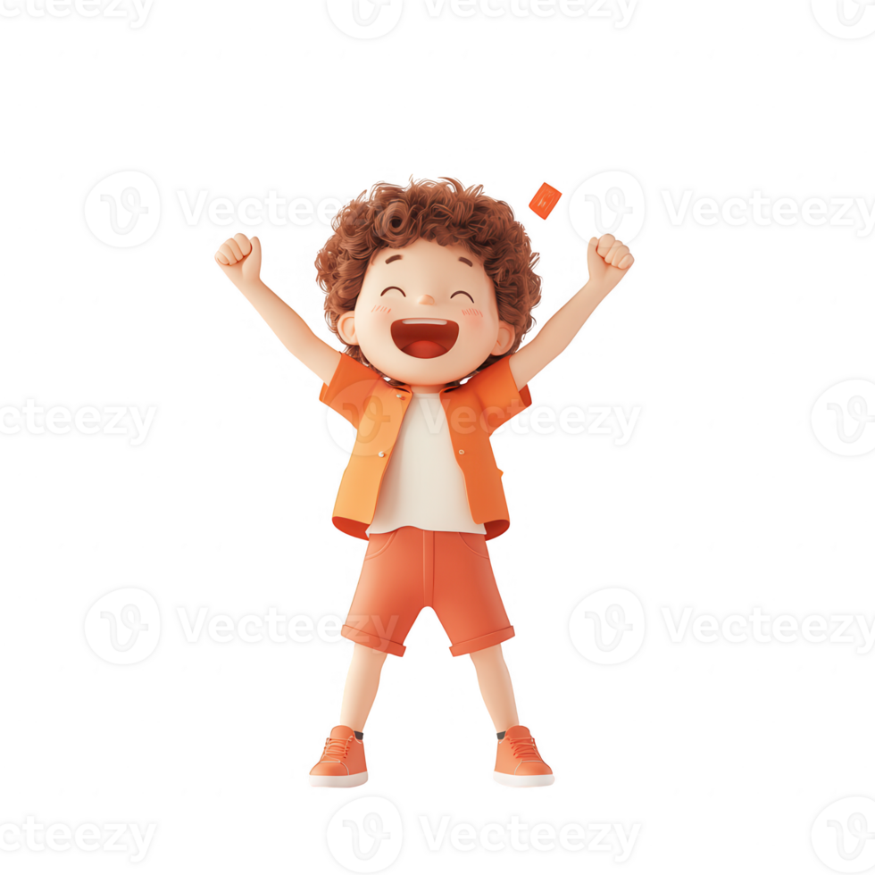 A happy child celebrating joyfully with arms raised and a big smile. png