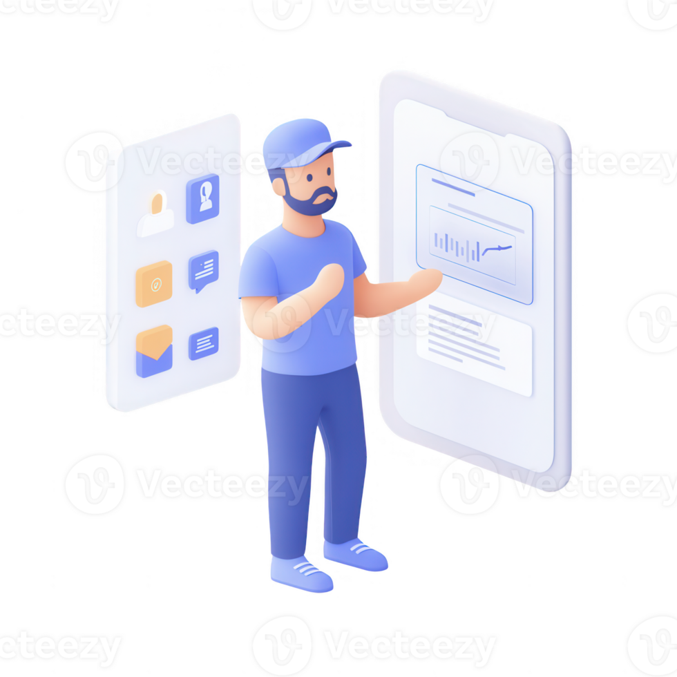 A man analyzing data and statistics on a smartphone interface. png
