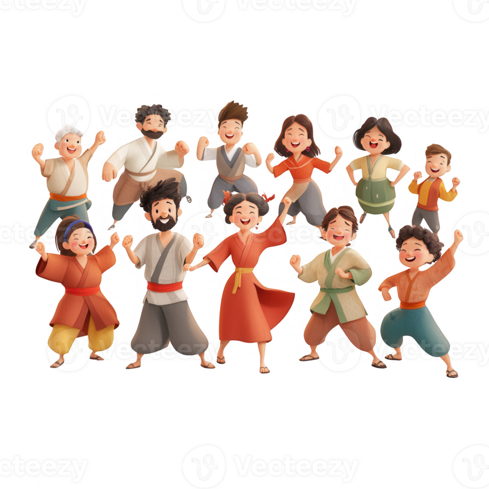 A joyful group of diverse characters celebrating together in a vibrant setting. png