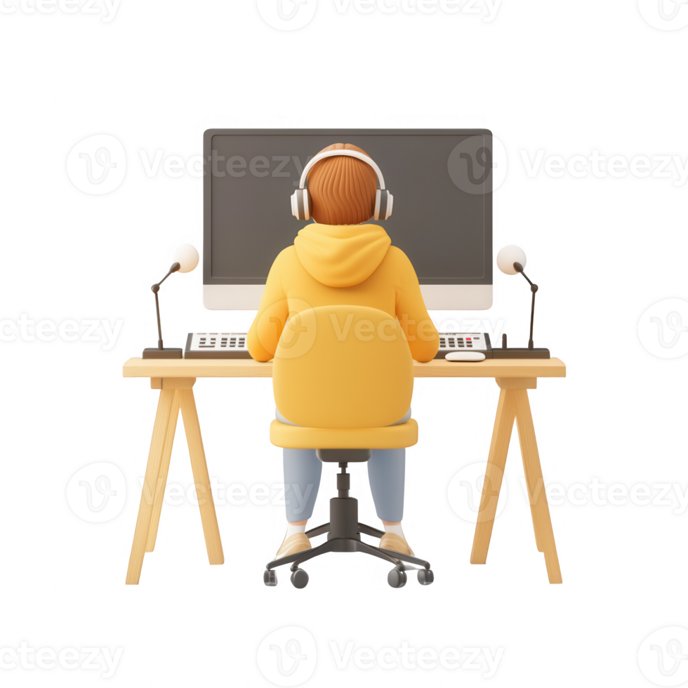 A person working at a computer desk, wearing headphones and focused on the screen. png