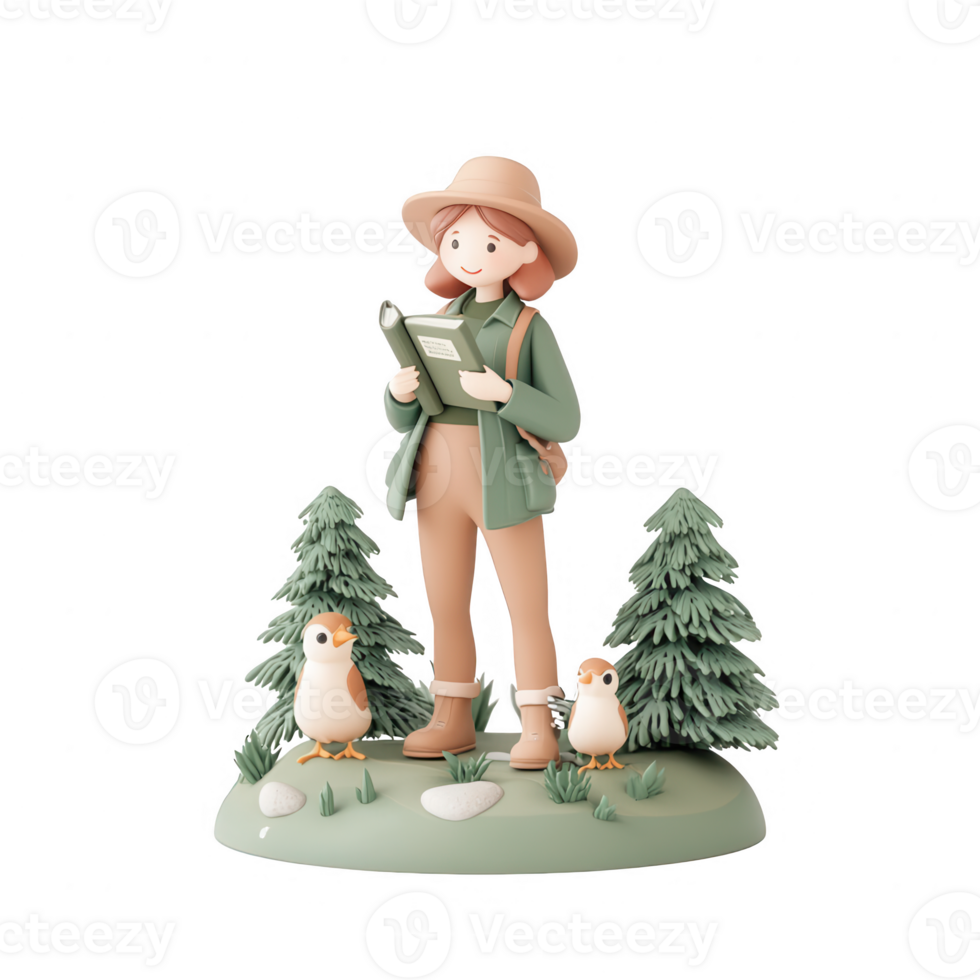 A person exploring nature surrounded by trees and birds, embodying adventure and discovery. png