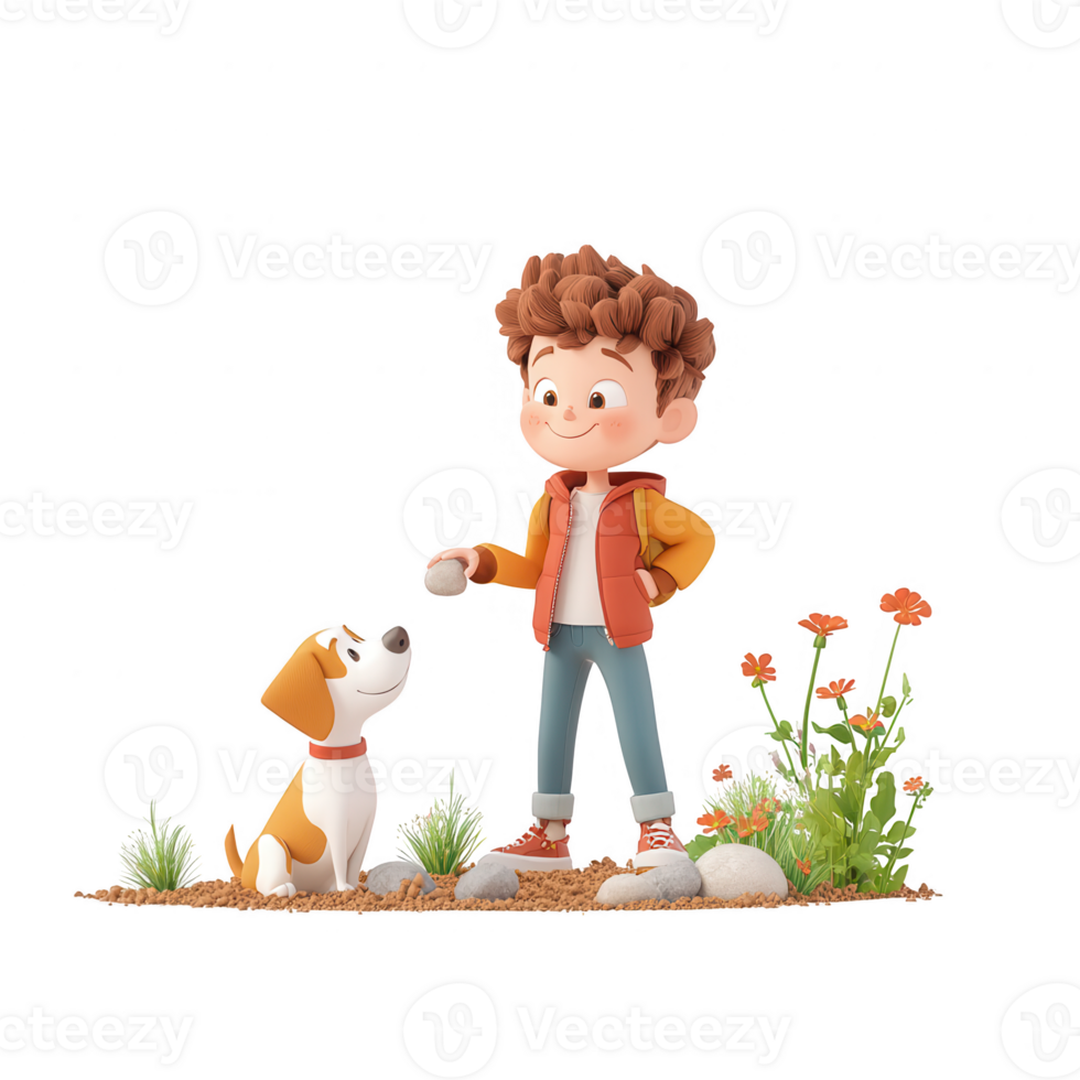 A playful boy with a dog in a vibrant garden, enjoying nature and companionship. png
