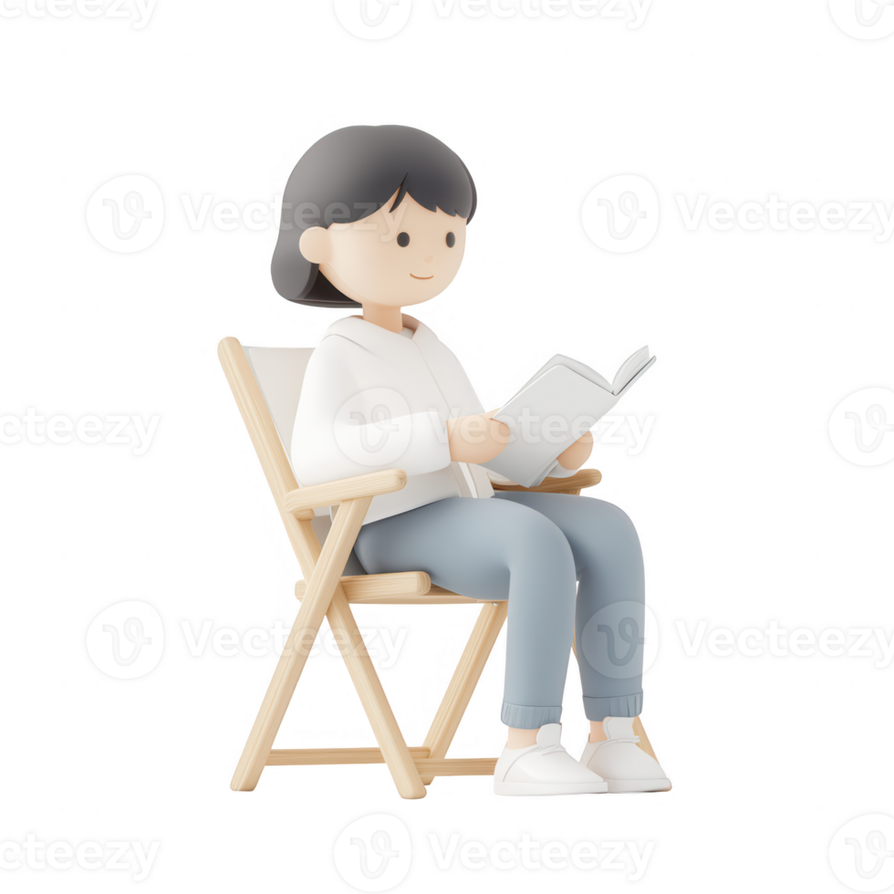 A person reading a book while sitting on a wooden chair in a cozy atmosphere. png