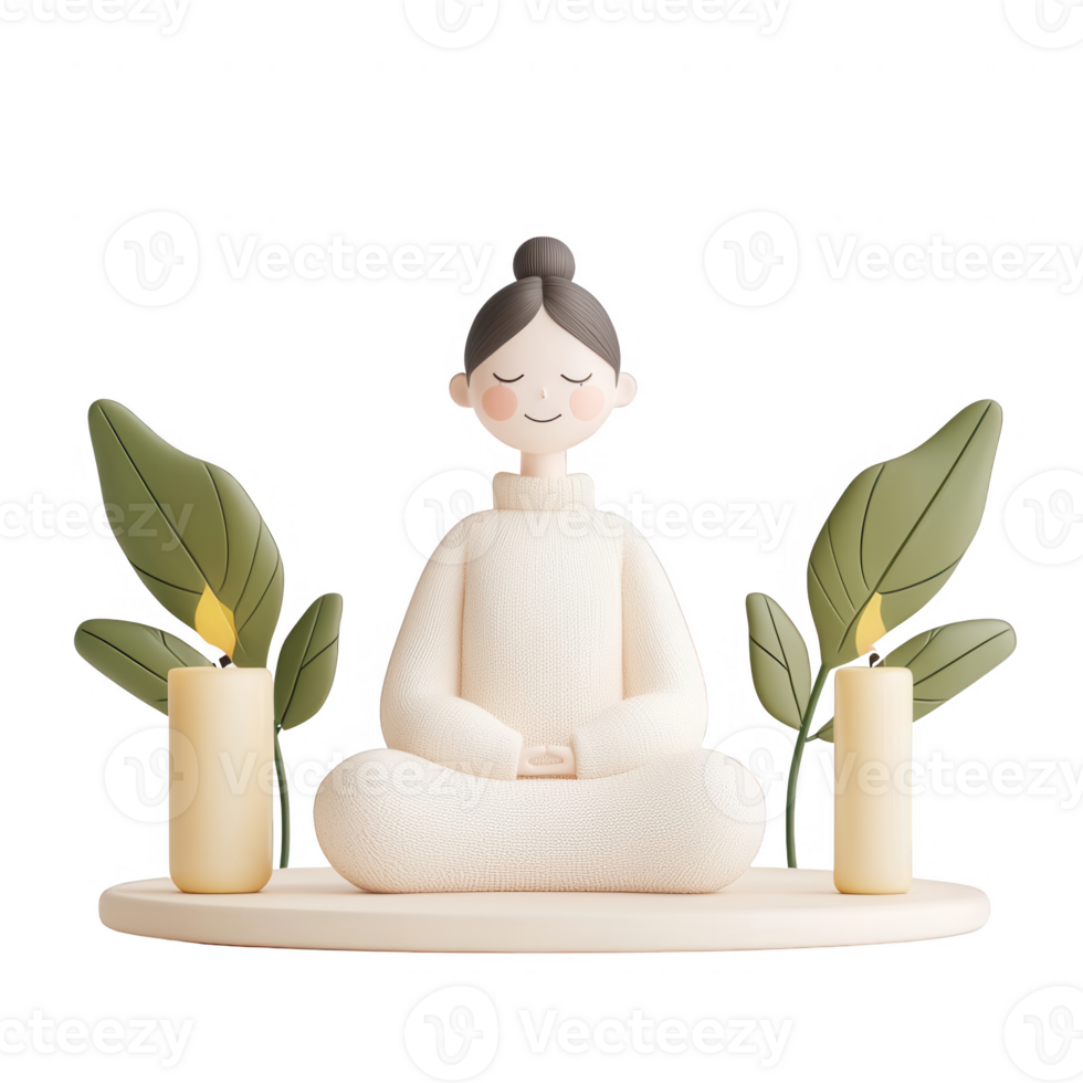 A serene figure meditating with plants and candles, evoking peace and mindfulness. png