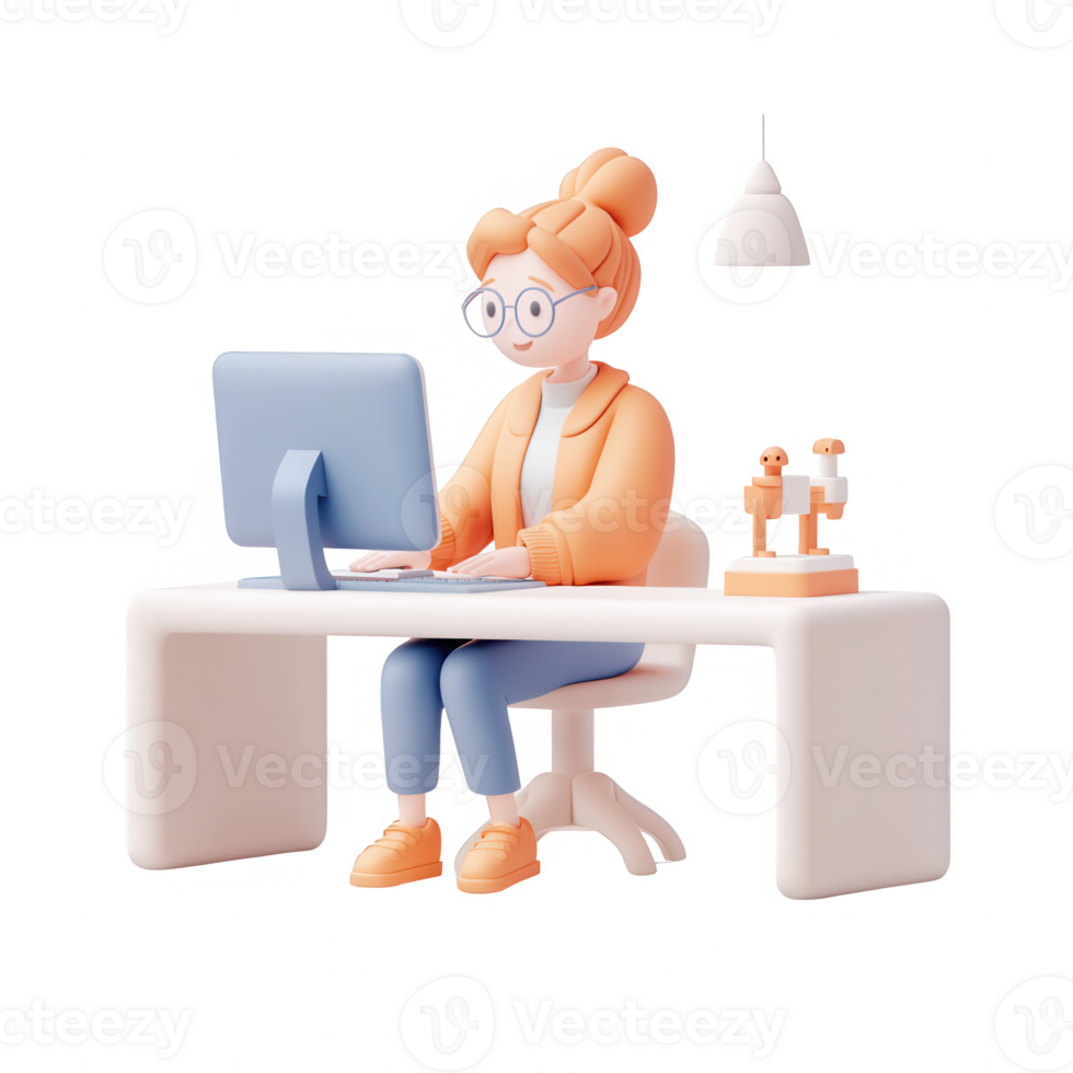 A woman working on a computer in a modern office setting, focused and productive. png