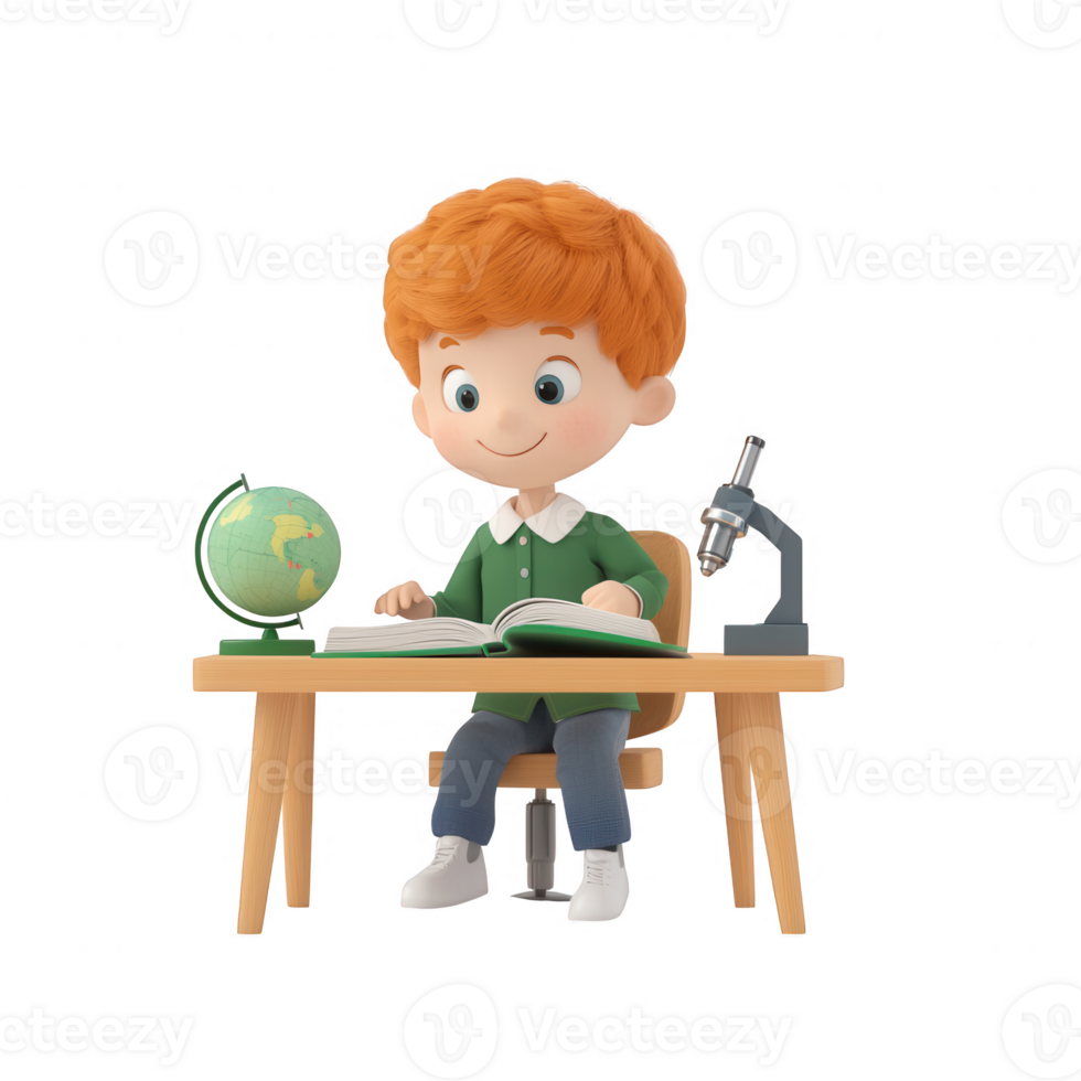 A young boy studying at a desk with a globe and microscope, eager to learn. png