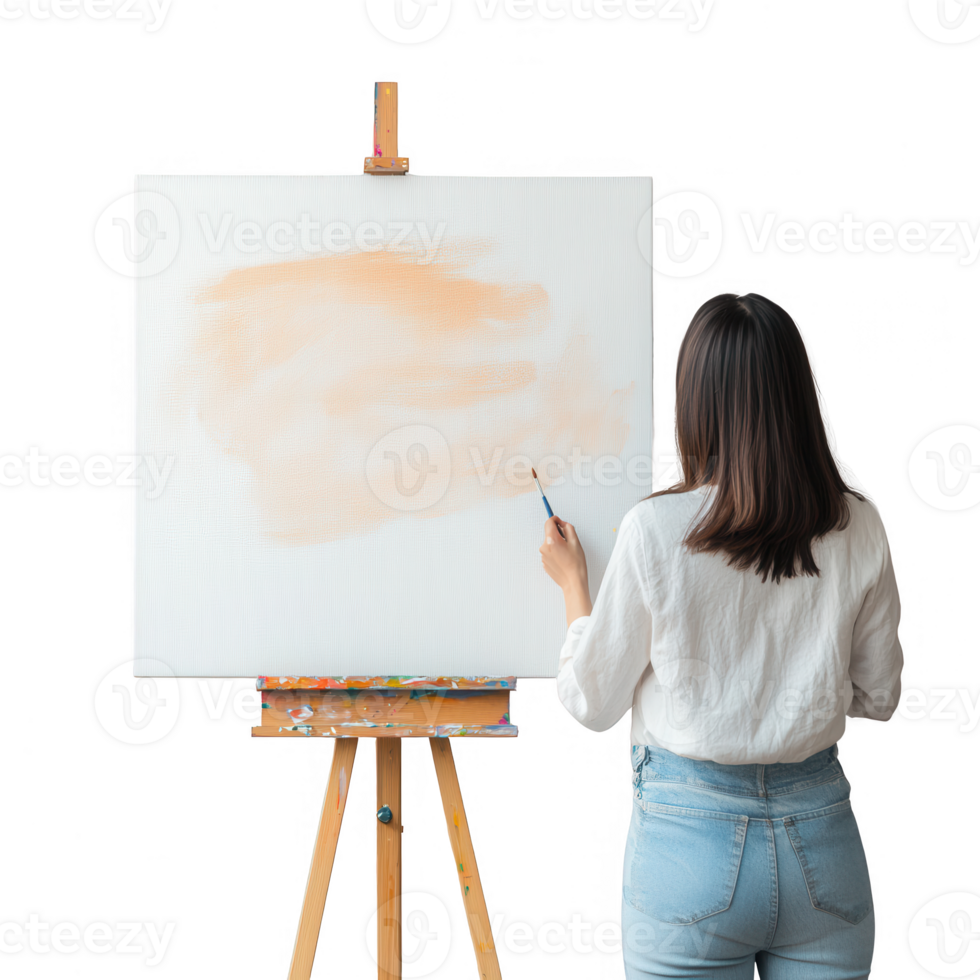 A woman painting on a blank canvas in a creative and inspiring environment. png