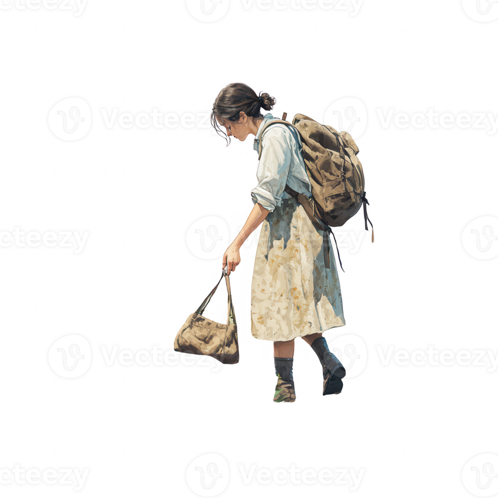 A young girl with a backpack exploring her surroundings thoughtfully. png