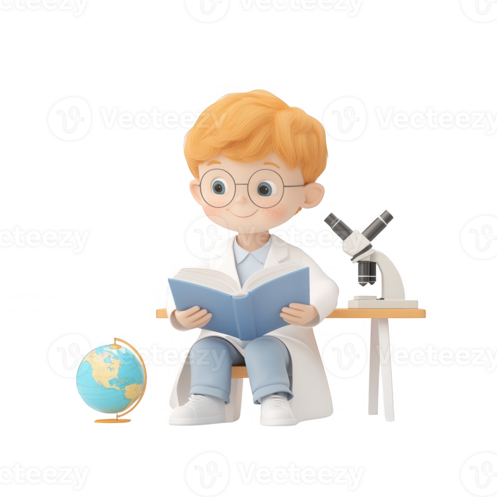 A young scientist reading a book with a globe and microscope at his desk. png