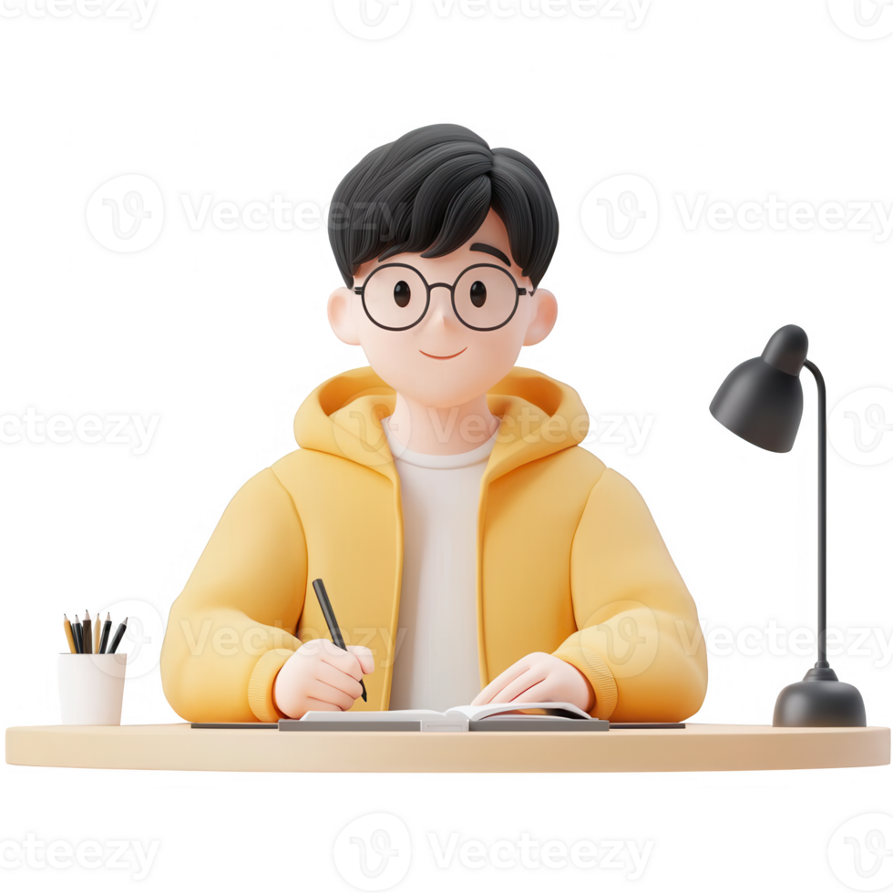 A young man studying in a cozy setting with a desk lamp and notebook. png