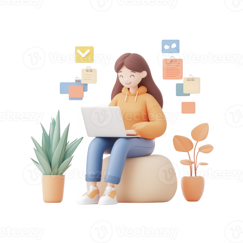 A woman working on a laptop surrounded by plants and digital notes, conveying productivity. png