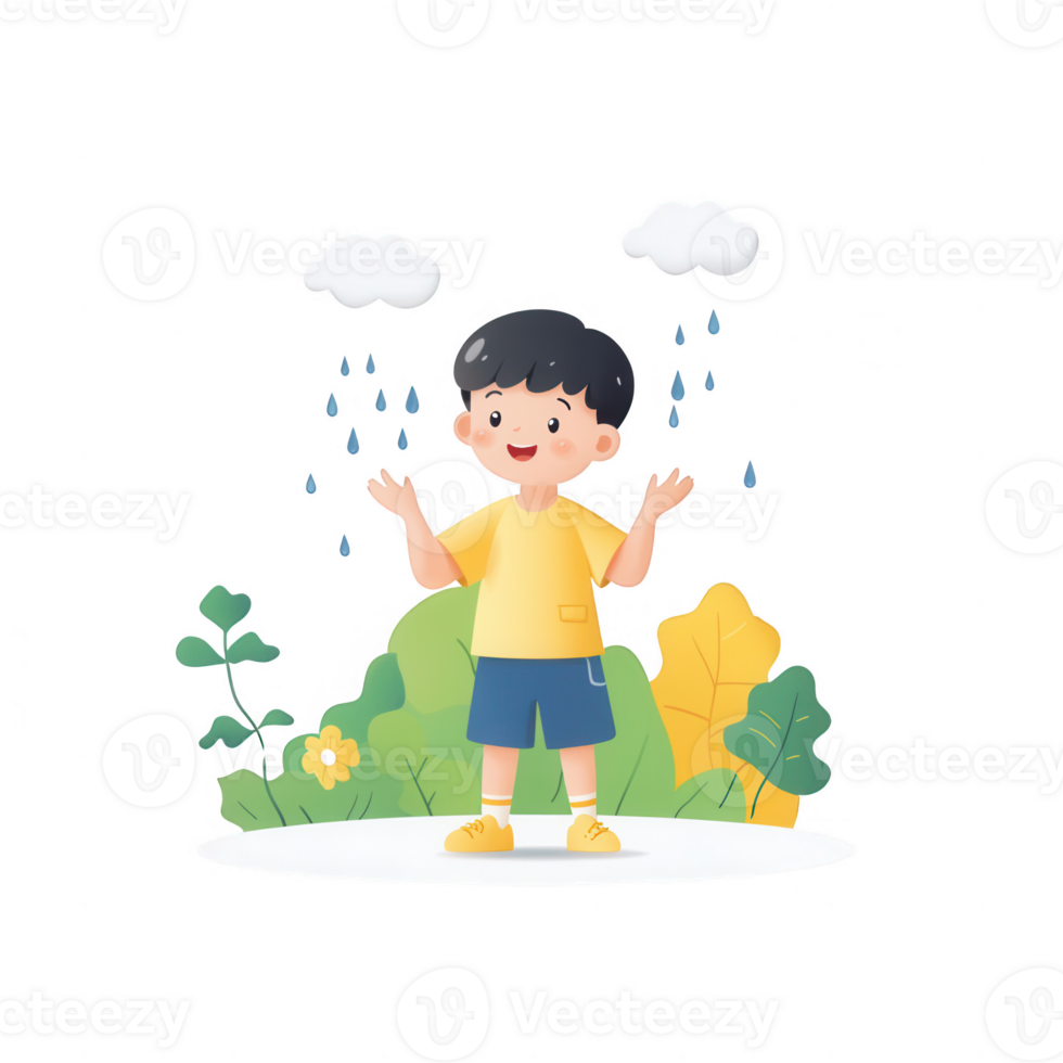 Cheerful child enjoying rain with open arms in a vibrant outdoor scene. png