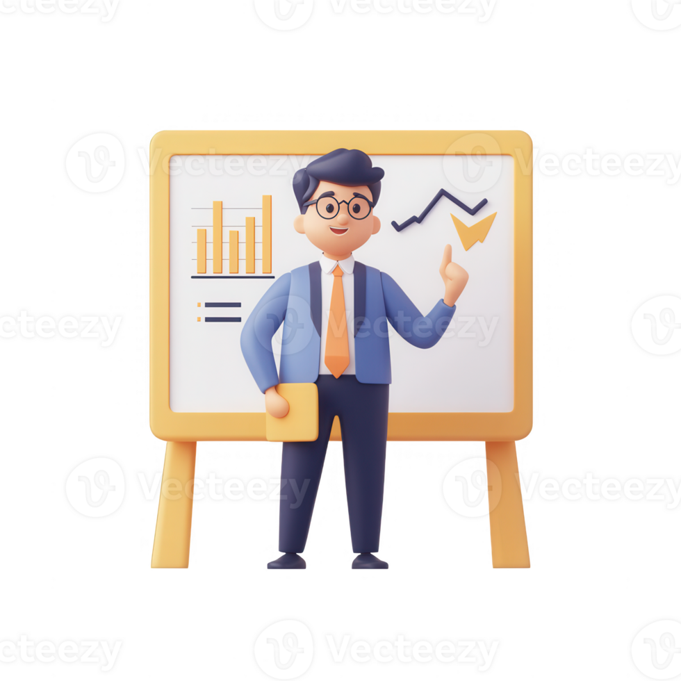 A professional man presenting a financial report with graphs and charts. png